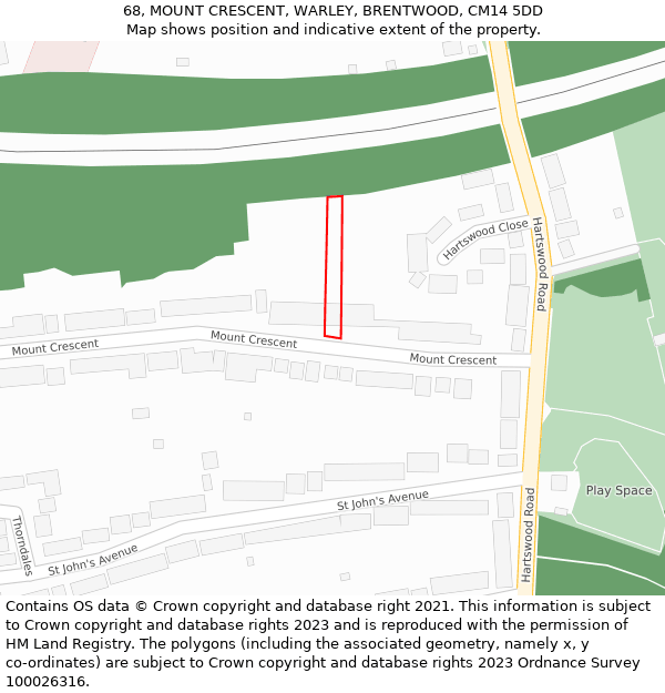 68, MOUNT CRESCENT, WARLEY, BRENTWOOD, CM14 5DD: Location map and indicative extent of plot