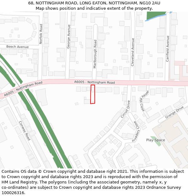 68, NOTTINGHAM ROAD, LONG EATON, NOTTINGHAM, NG10 2AU: Location map and indicative extent of plot