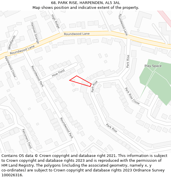 68, PARK RISE, HARPENDEN, AL5 3AL: Location map and indicative extent of plot