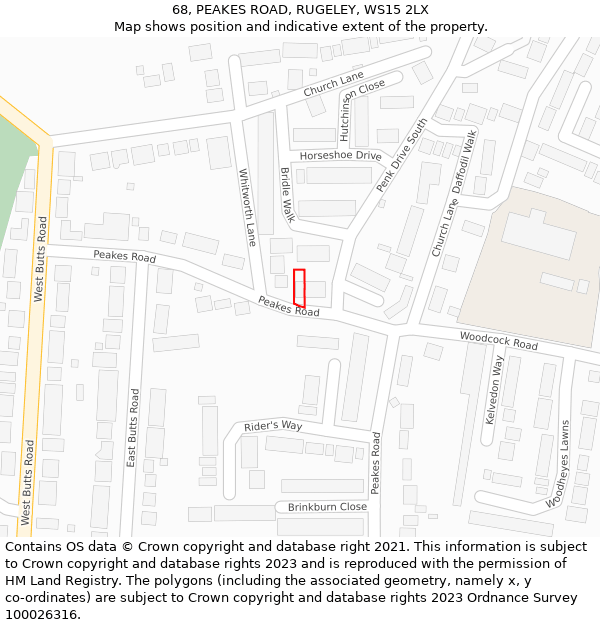 68, PEAKES ROAD, RUGELEY, WS15 2LX: Location map and indicative extent of plot