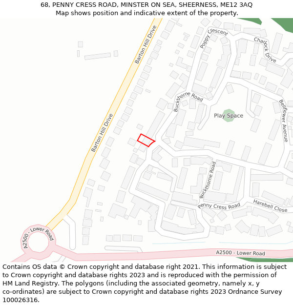 68, PENNY CRESS ROAD, MINSTER ON SEA, SHEERNESS, ME12 3AQ: Location map and indicative extent of plot