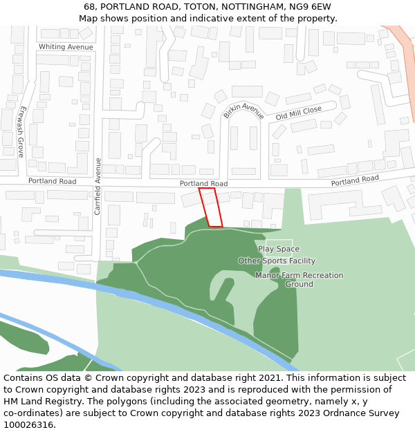 68, PORTLAND ROAD, TOTON, NOTTINGHAM, NG9 6EW: Location map and indicative extent of plot