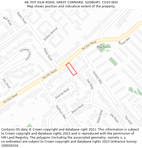 68, POT KILN ROAD, GREAT CORNARD, SUDBURY, CO10 0DH: Location map and indicative extent of plot