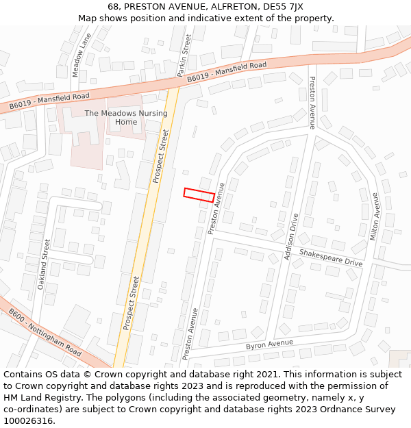 68, PRESTON AVENUE, ALFRETON, DE55 7JX: Location map and indicative extent of plot