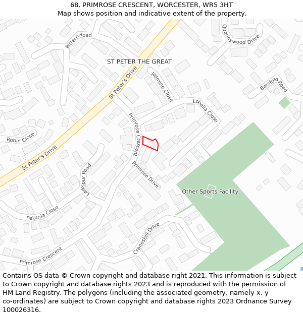 68, PRIMROSE CRESCENT, WORCESTER, WR5 3HT: Location map and indicative extent of plot