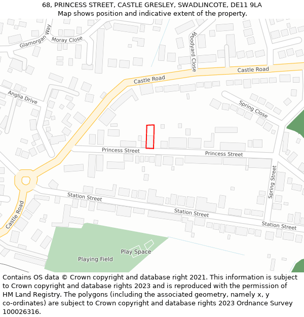 68, PRINCESS STREET, CASTLE GRESLEY, SWADLINCOTE, DE11 9LA: Location map and indicative extent of plot