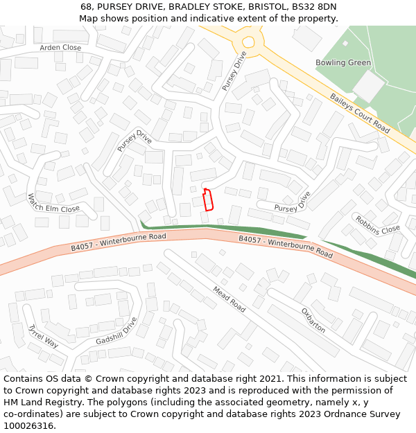 68, PURSEY DRIVE, BRADLEY STOKE, BRISTOL, BS32 8DN: Location map and indicative extent of plot