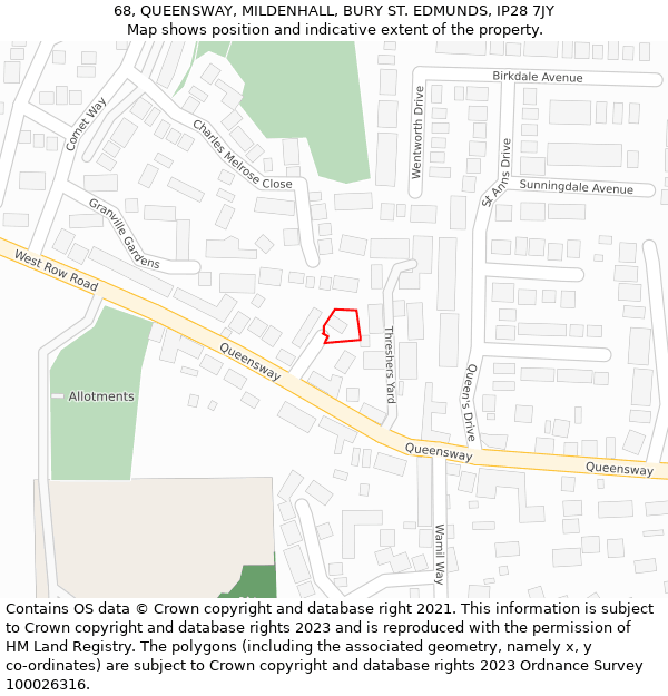 68, QUEENSWAY, MILDENHALL, BURY ST. EDMUNDS, IP28 7JY: Location map and indicative extent of plot
