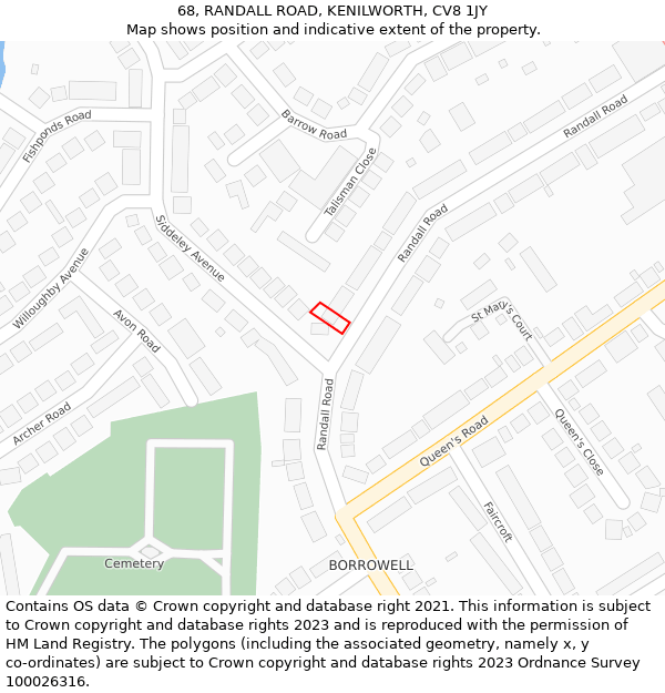 68, RANDALL ROAD, KENILWORTH, CV8 1JY: Location map and indicative extent of plot