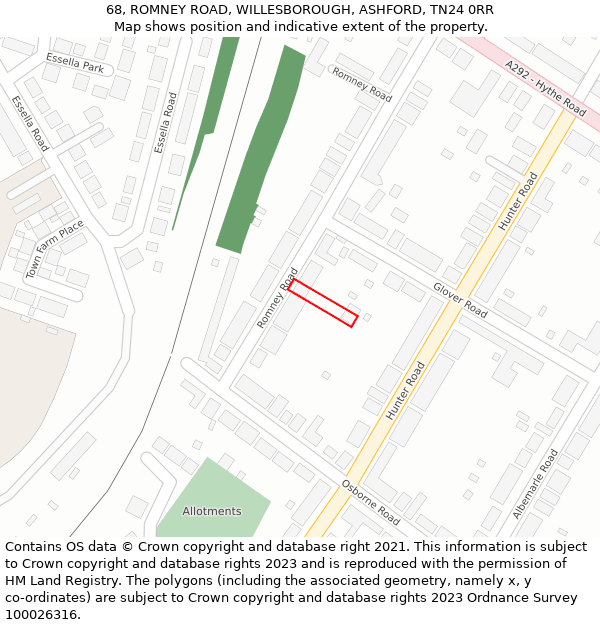 68, ROMNEY ROAD, WILLESBOROUGH, ASHFORD, TN24 0RR: Location map and indicative extent of plot