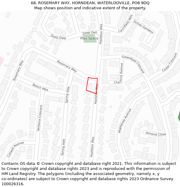 68, ROSEMARY WAY, HORNDEAN, WATERLOOVILLE, PO8 9DQ: Location map and indicative extent of plot