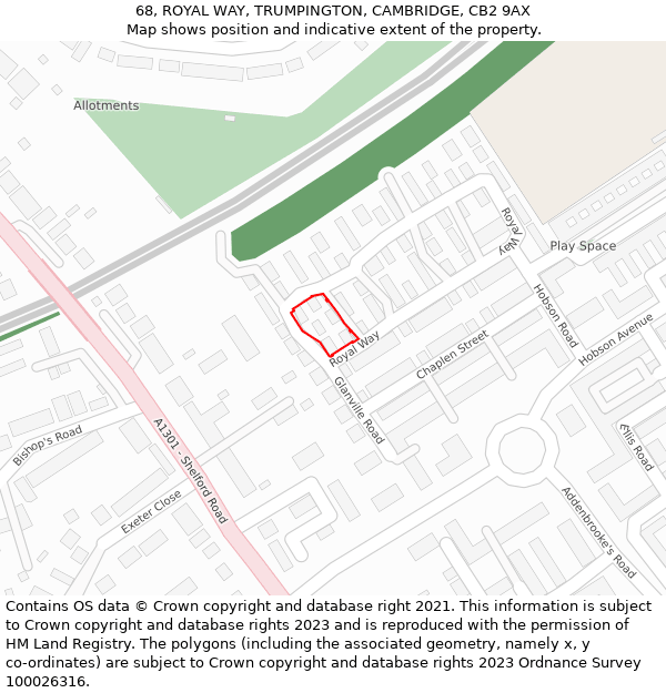 68, ROYAL WAY, TRUMPINGTON, CAMBRIDGE, CB2 9AX: Location map and indicative extent of plot