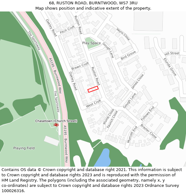 68, RUSTON ROAD, BURNTWOOD, WS7 3RU: Location map and indicative extent of plot