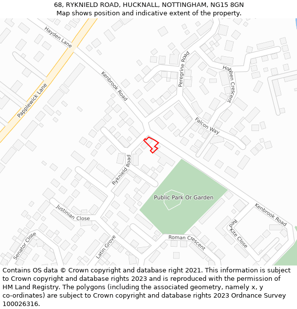 68, RYKNIELD ROAD, HUCKNALL, NOTTINGHAM, NG15 8GN: Location map and indicative extent of plot