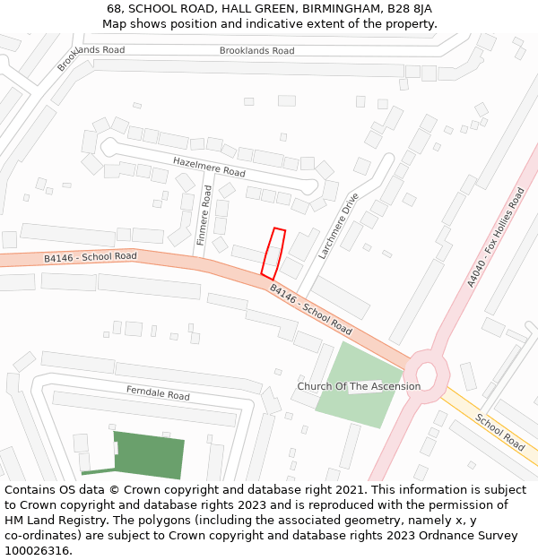 68, SCHOOL ROAD, HALL GREEN, BIRMINGHAM, B28 8JA: Location map and indicative extent of plot