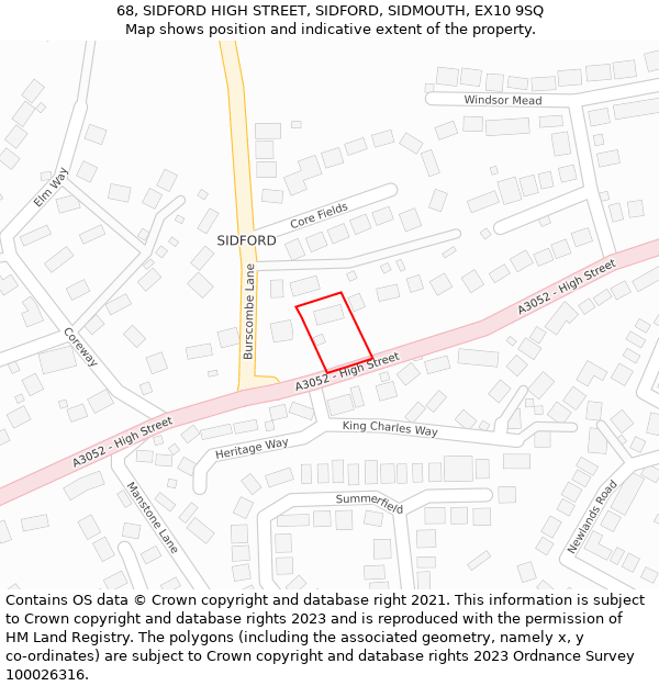 68, SIDFORD HIGH STREET, SIDFORD, SIDMOUTH, EX10 9SQ: Location map and indicative extent of plot
