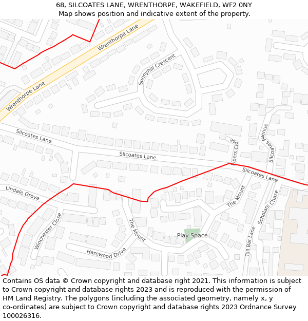 68, SILCOATES LANE, WRENTHORPE, WAKEFIELD, WF2 0NY: Location map and indicative extent of plot