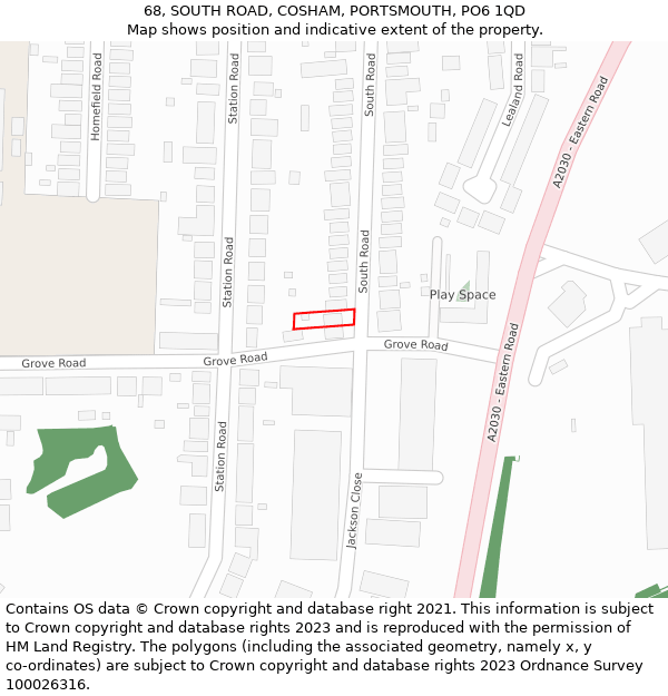 68, SOUTH ROAD, COSHAM, PORTSMOUTH, PO6 1QD: Location map and indicative extent of plot