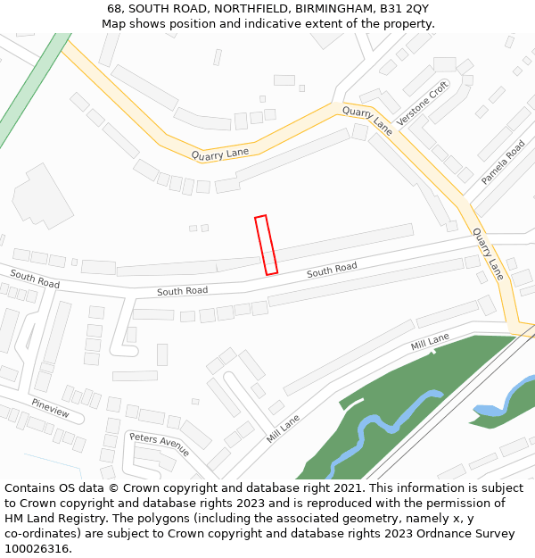 68, SOUTH ROAD, NORTHFIELD, BIRMINGHAM, B31 2QY: Location map and indicative extent of plot