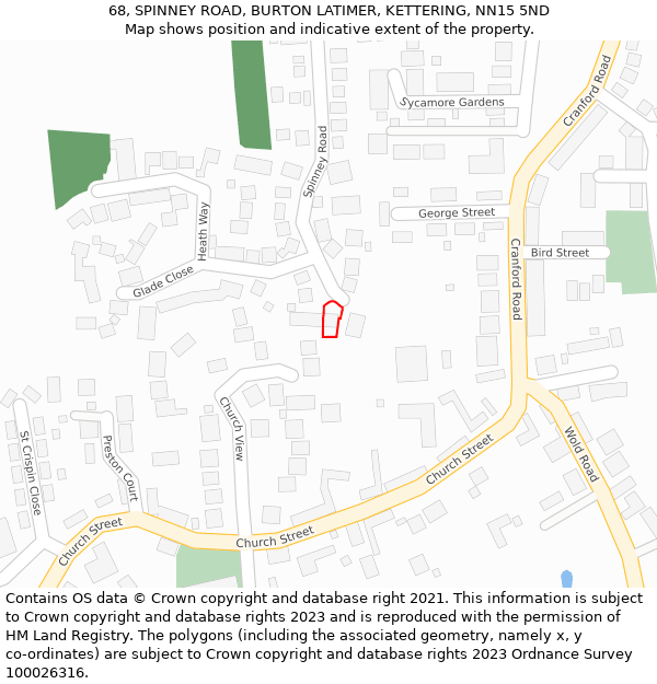 68, SPINNEY ROAD, BURTON LATIMER, KETTERING, NN15 5ND: Location map and indicative extent of plot