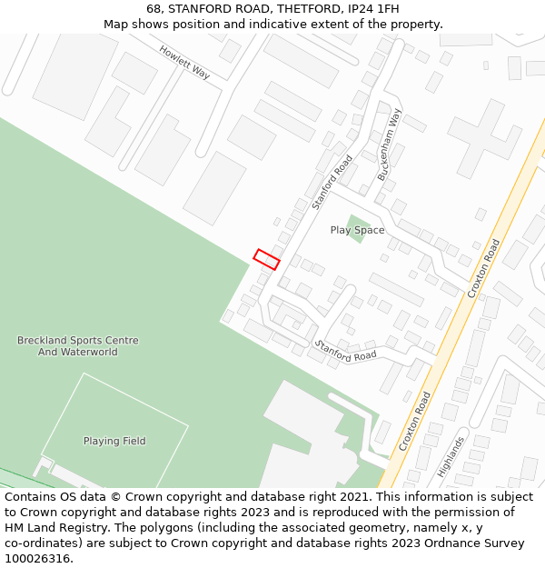 68, STANFORD ROAD, THETFORD, IP24 1FH: Location map and indicative extent of plot
