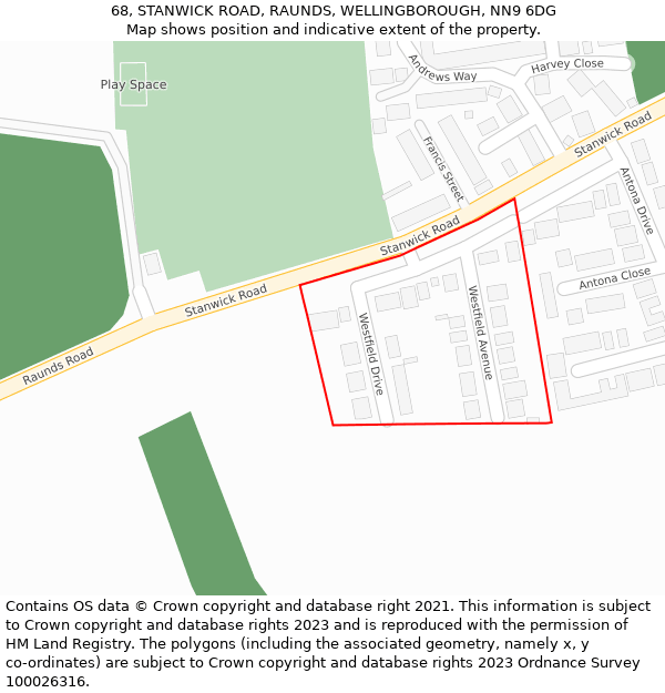 68, STANWICK ROAD, RAUNDS, WELLINGBOROUGH, NN9 6DG: Location map and indicative extent of plot