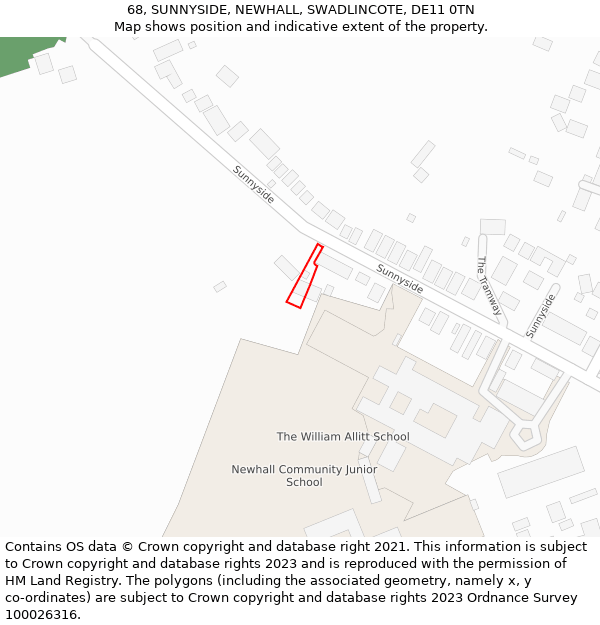 68, SUNNYSIDE, NEWHALL, SWADLINCOTE, DE11 0TN: Location map and indicative extent of plot