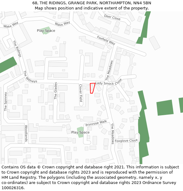 68, THE RIDINGS, GRANGE PARK, NORTHAMPTON, NN4 5BN: Location map and indicative extent of plot