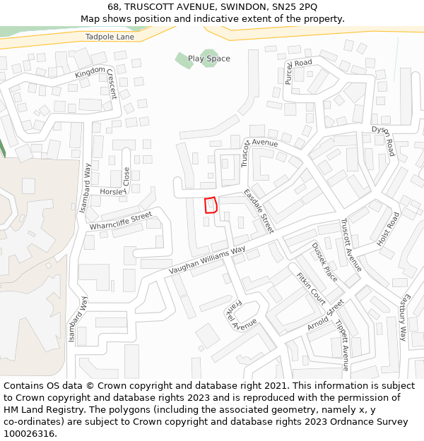 68, TRUSCOTT AVENUE, SWINDON, SN25 2PQ: Location map and indicative extent of plot