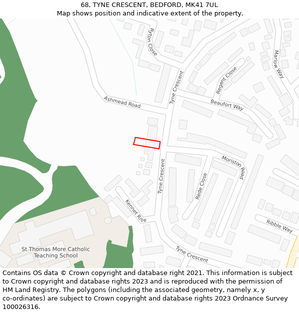 68, TYNE CRESCENT, BEDFORD, MK41 7UL: Location map and indicative extent of plot