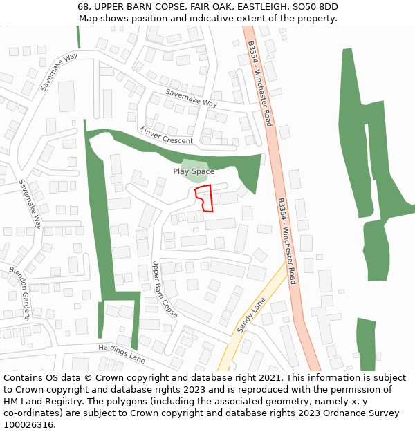 68, UPPER BARN COPSE, FAIR OAK, EASTLEIGH, SO50 8DD: Location map and indicative extent of plot