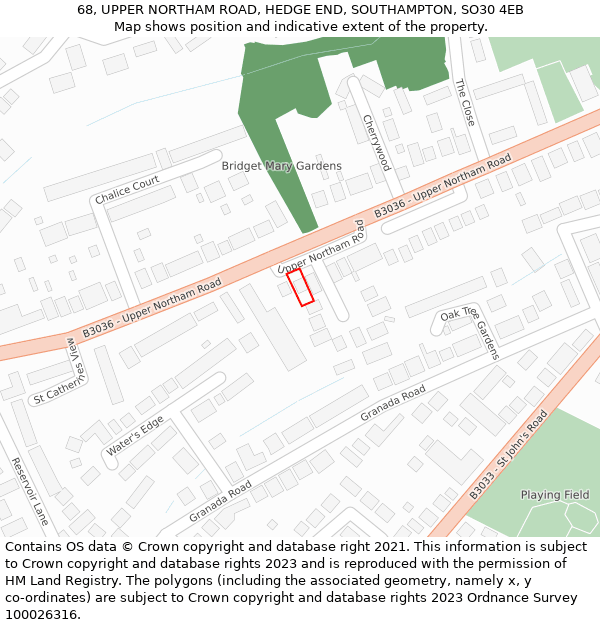 68, UPPER NORTHAM ROAD, HEDGE END, SOUTHAMPTON, SO30 4EB: Location map and indicative extent of plot