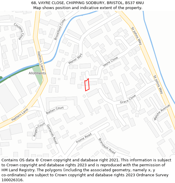 68, VAYRE CLOSE, CHIPPING SODBURY, BRISTOL, BS37 6NU: Location map and indicative extent of plot