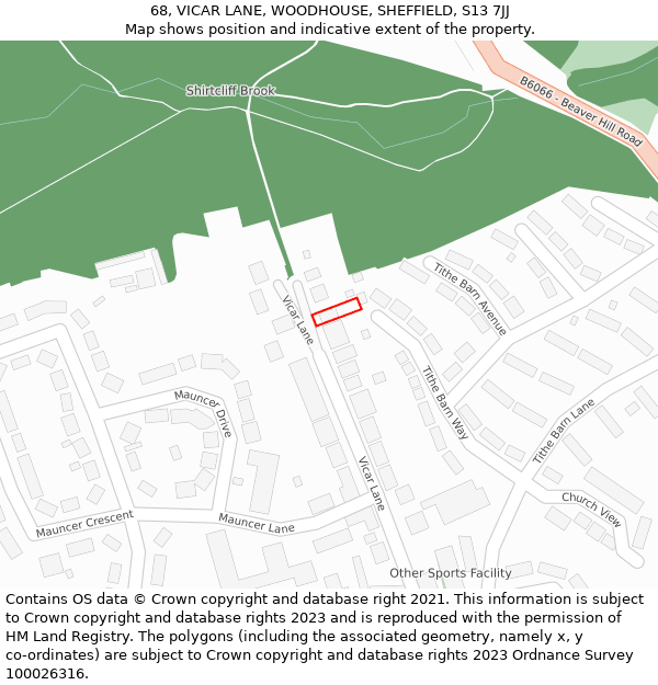 68, VICAR LANE, WOODHOUSE, SHEFFIELD, S13 7JJ: Location map and indicative extent of plot