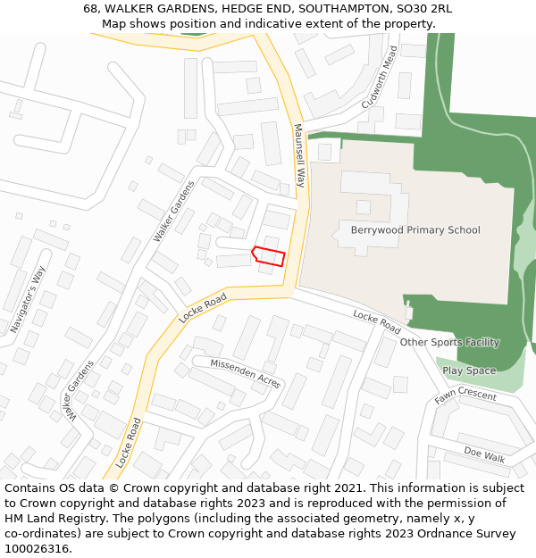 68, WALKER GARDENS, HEDGE END, SOUTHAMPTON, SO30 2RL: Location map and indicative extent of plot