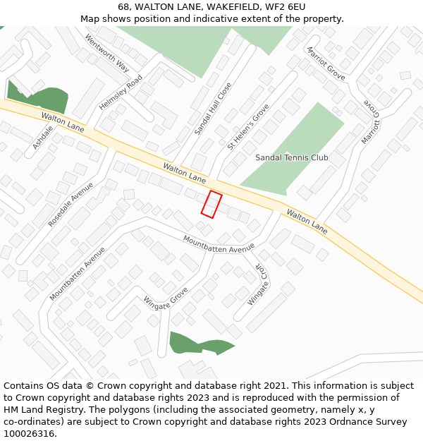 68, WALTON LANE, WAKEFIELD, WF2 6EU: Location map and indicative extent of plot