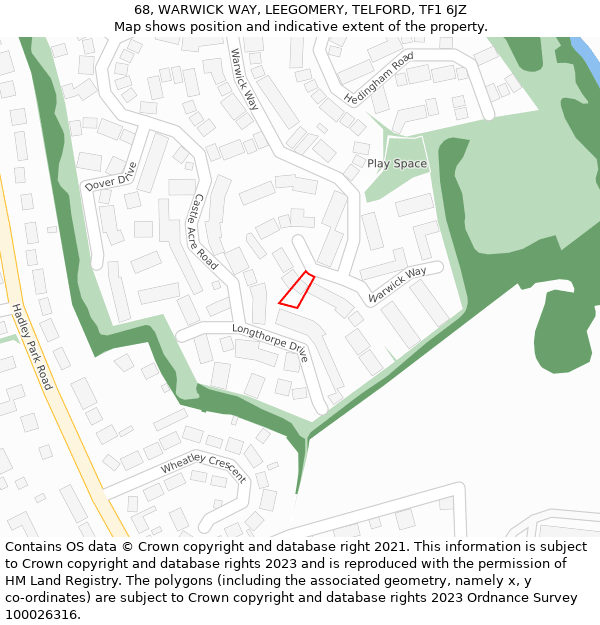 68, WARWICK WAY, LEEGOMERY, TELFORD, TF1 6JZ: Location map and indicative extent of plot