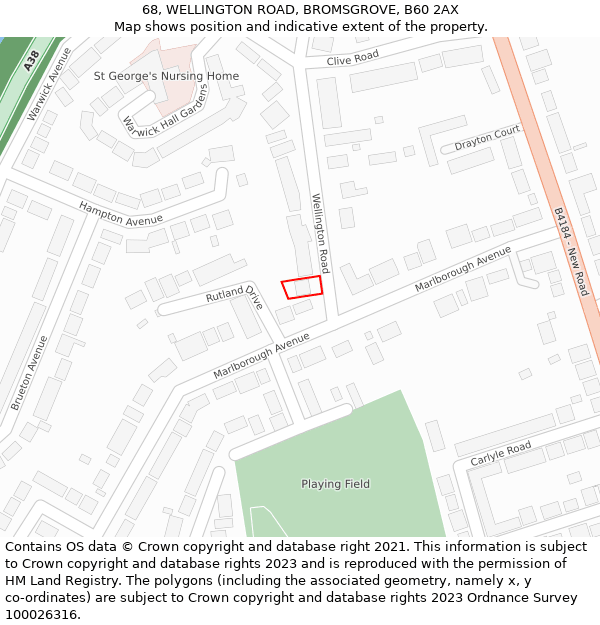 68, WELLINGTON ROAD, BROMSGROVE, B60 2AX: Location map and indicative extent of plot