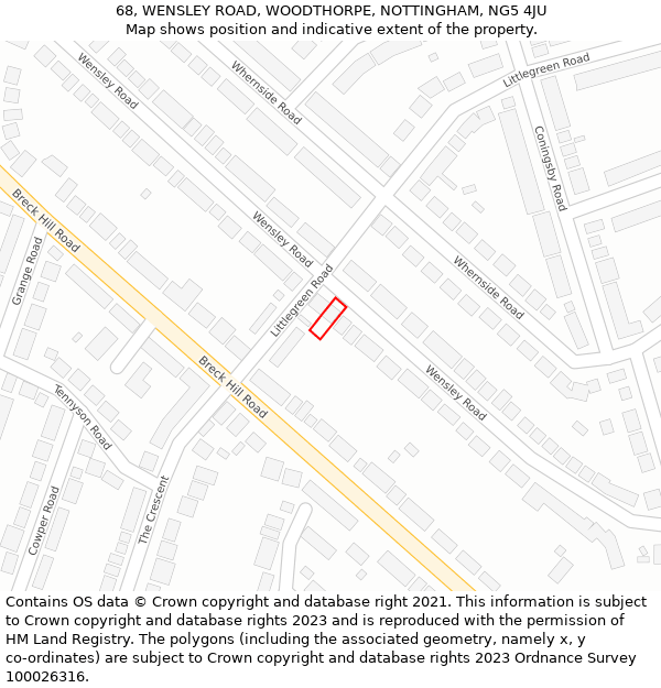 68, WENSLEY ROAD, WOODTHORPE, NOTTINGHAM, NG5 4JU: Location map and indicative extent of plot