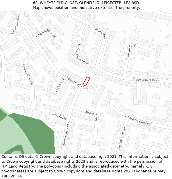 68, WHEATFIELD CLOSE, GLENFIELD, LEICESTER, LE3 8SD: Location map and indicative extent of plot