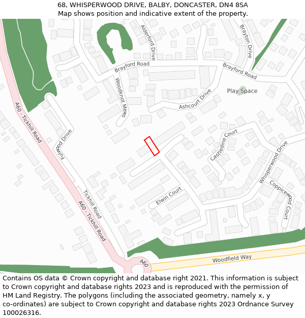 68, WHISPERWOOD DRIVE, BALBY, DONCASTER, DN4 8SA: Location map and indicative extent of plot