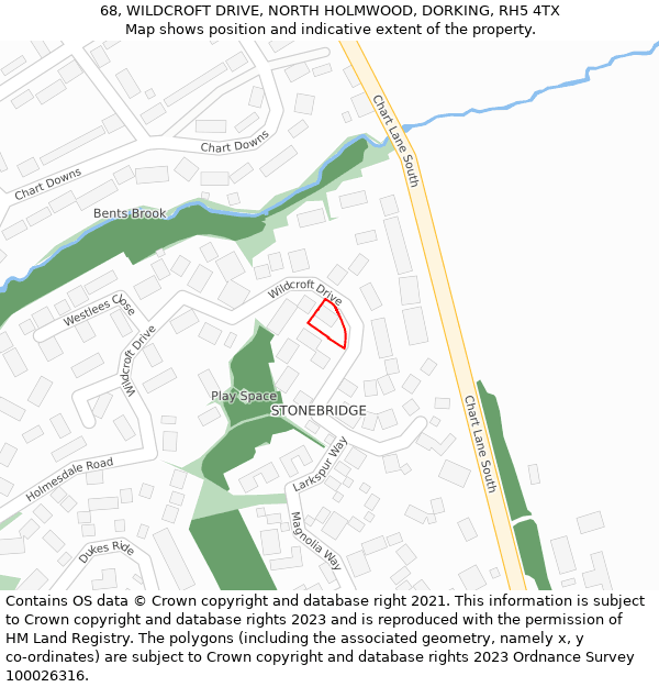 68, WILDCROFT DRIVE, NORTH HOLMWOOD, DORKING, RH5 4TX: Location map and indicative extent of plot