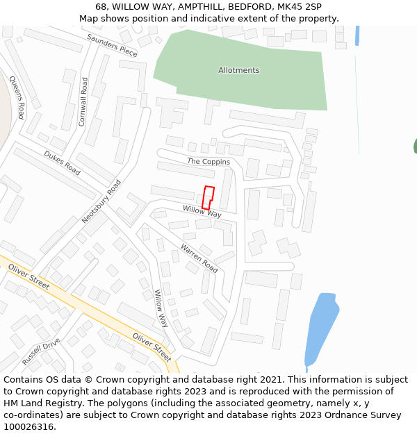 68, WILLOW WAY, AMPTHILL, BEDFORD, MK45 2SP: Location map and indicative extent of plot