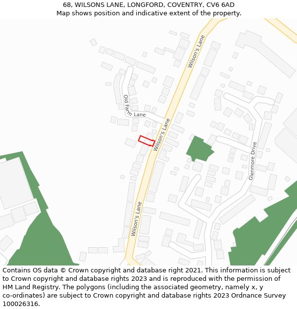 68, WILSONS LANE, LONGFORD, COVENTRY, CV6 6AD: Location map and indicative extent of plot