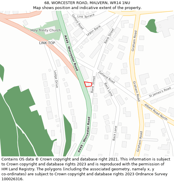 68, WORCESTER ROAD, MALVERN, WR14 1NU: Location map and indicative extent of plot