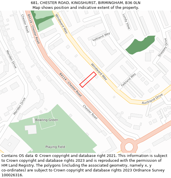681, CHESTER ROAD, KINGSHURST, BIRMINGHAM, B36 0LN: Location map and indicative extent of plot