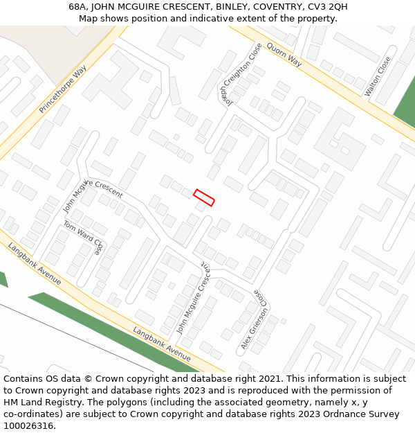 68A, JOHN MCGUIRE CRESCENT, BINLEY, COVENTRY, CV3 2QH: Location map and indicative extent of plot