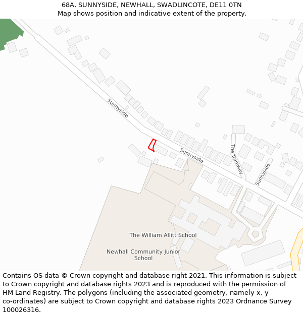 68A, SUNNYSIDE, NEWHALL, SWADLINCOTE, DE11 0TN: Location map and indicative extent of plot