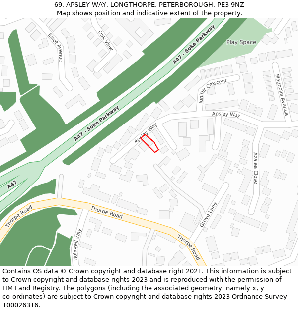 69, APSLEY WAY, LONGTHORPE, PETERBOROUGH, PE3 9NZ: Location map and indicative extent of plot