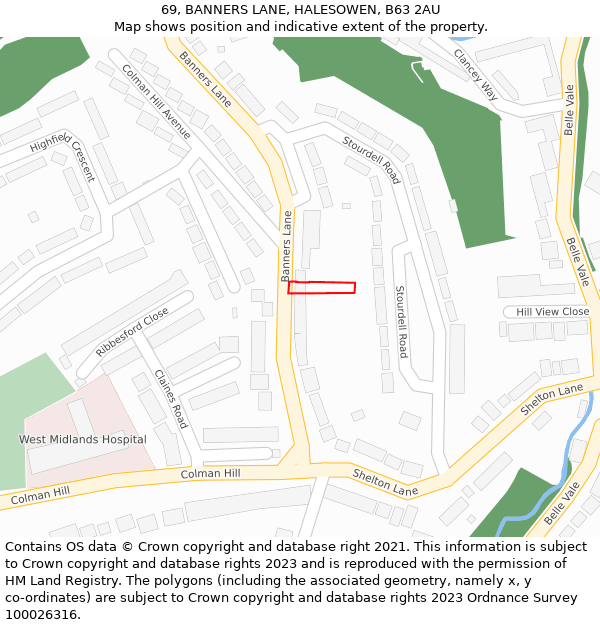 69, BANNERS LANE, HALESOWEN, B63 2AU: Location map and indicative extent of plot
